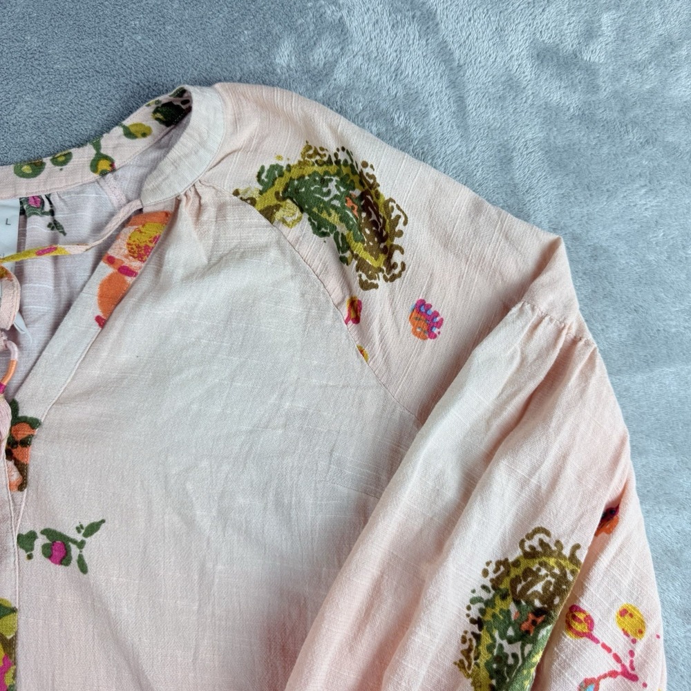 Melissa McCarthy Seven7 Top Womens Large Pink Floral Tasseled Puff Sleeve Boho - Picture 7 of 13
